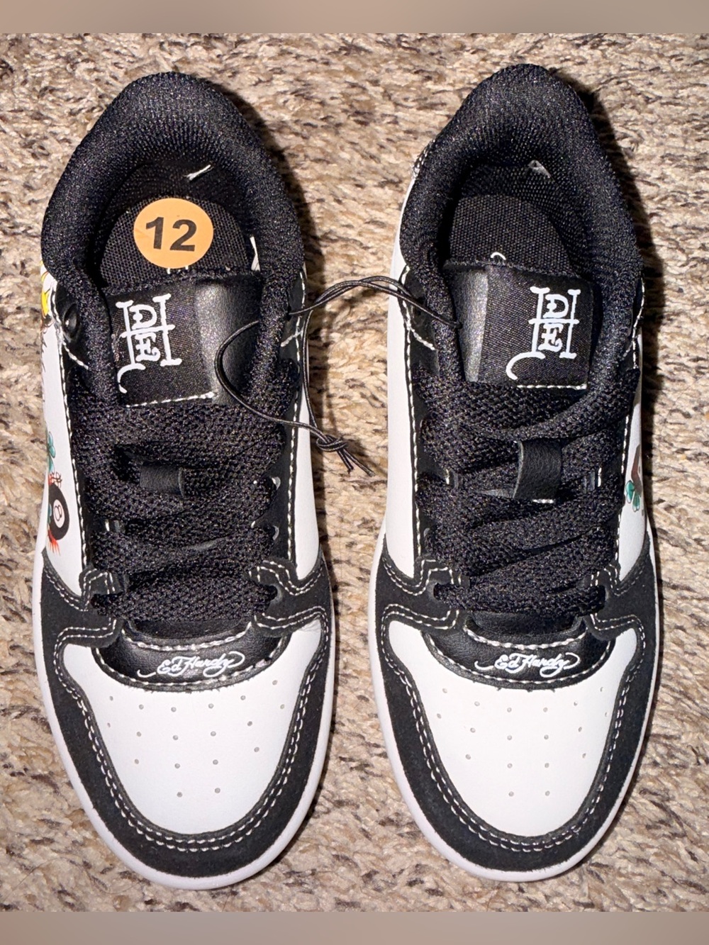 Ed Hardy Kids Black and White Skate Sneakers with Graphic Accents